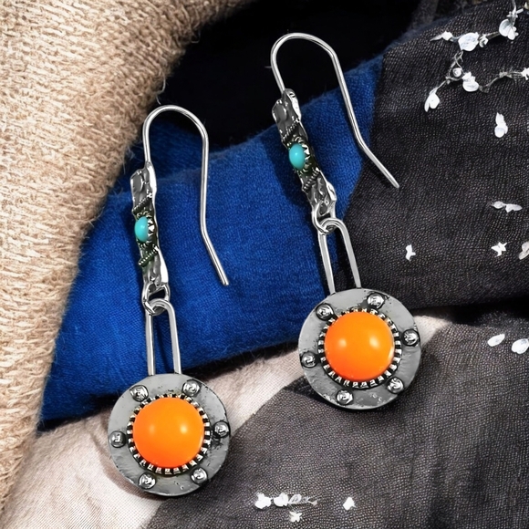 🆕️Vintage Style Boho Chic Drop Trendy Spring Earrings Orange Turquoise Accents - Picture 14 of 16